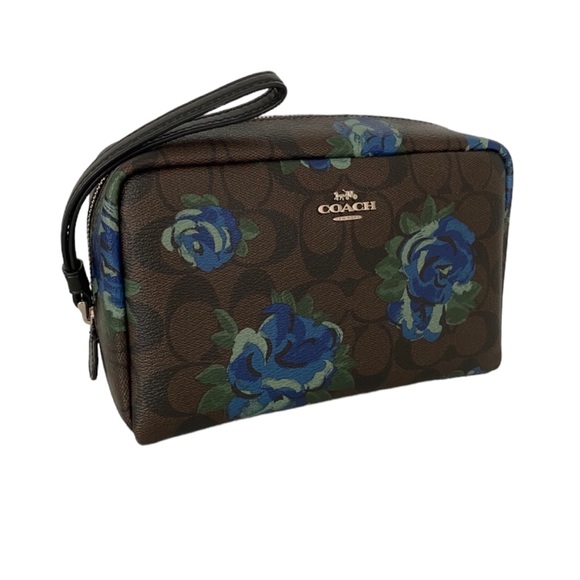 Coach Accessories - COACH Wristlet Cosmetic Zip Bag Brown Blue Rose Floral